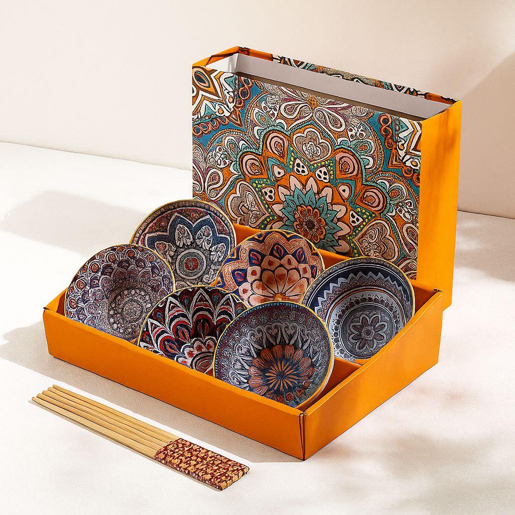 Japanese Ceramic Bowl Set of 6 with Chopsticks – Mandala Print - Clarify.pk