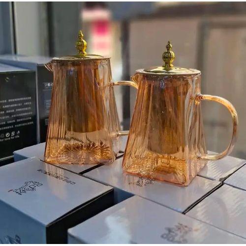 Premium Glass Tea Kettle with Golden Finish & Infuser - Clarify.pk