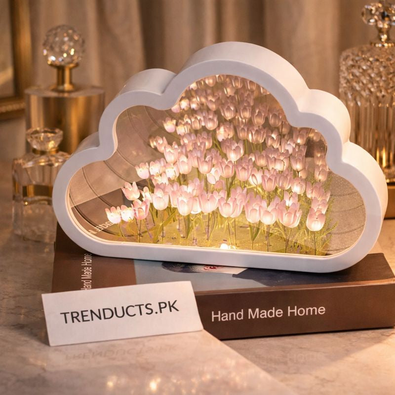 Cloud-shaped LED night light featuring a magical "flower sea" of pink tulips inside a mirror frame.