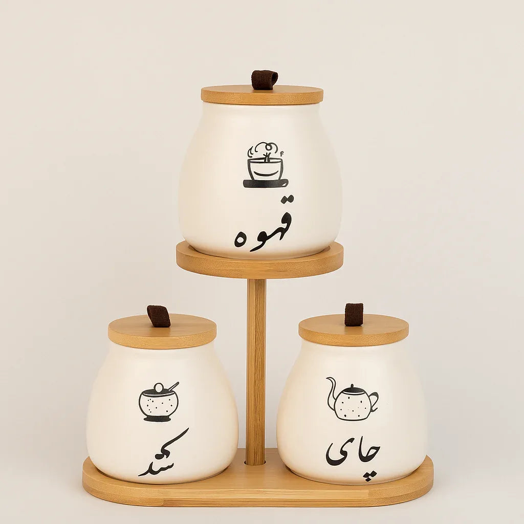 Arabic Tea Coffee Sugar Ceramic Canister Set with Wooden Rack - Clarify.pk