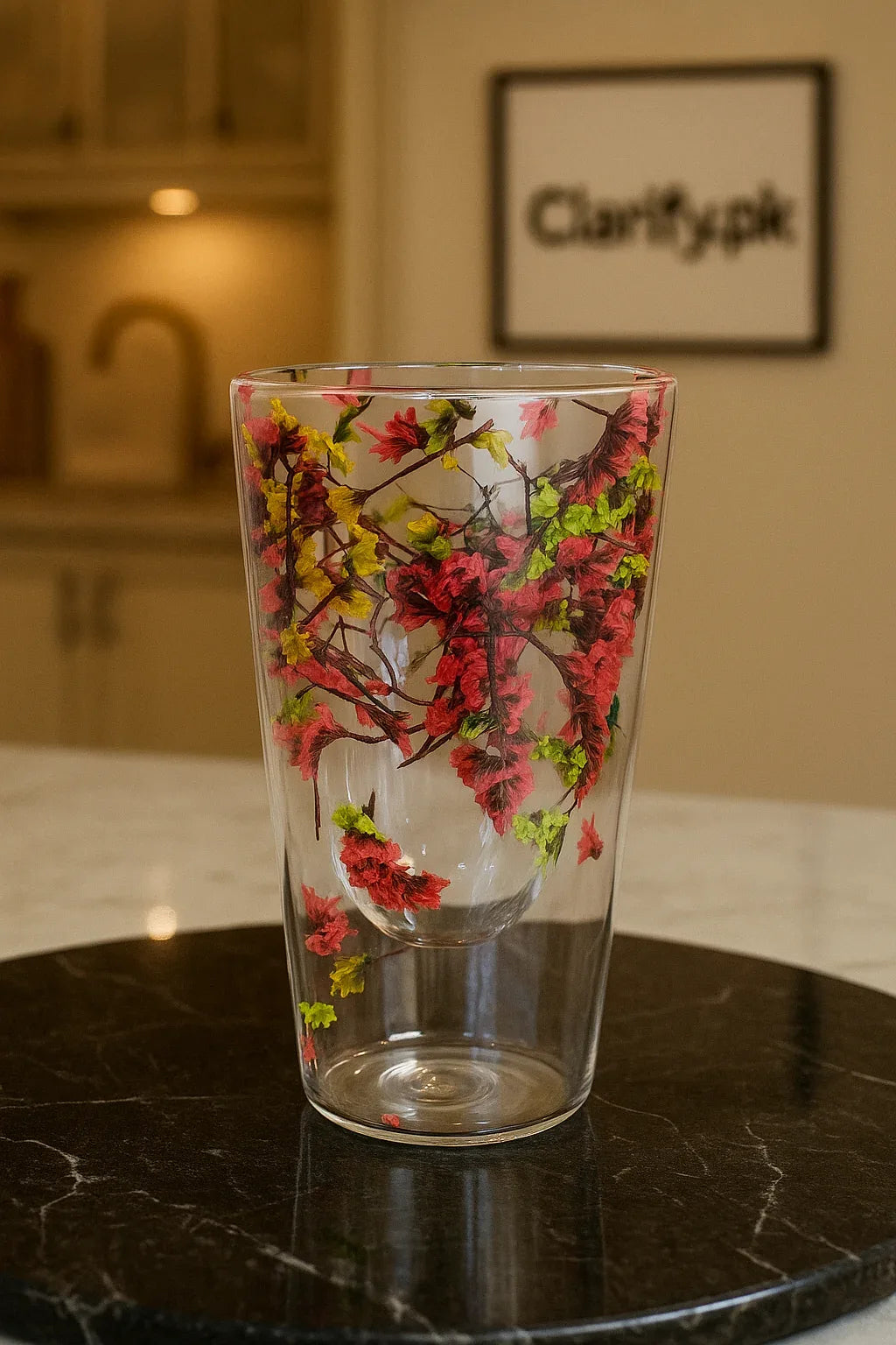 Luxury Red Flower Double-Layer Glass Cup – Elegant Heat-Resistant Mug - Clarify.pk