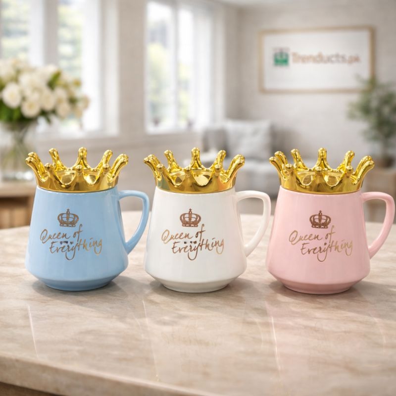 Queen of Everything Crown Mug - Luxury Ceramic Coffee Cup with Gold Crown Lid (each) - Trenducts.pk