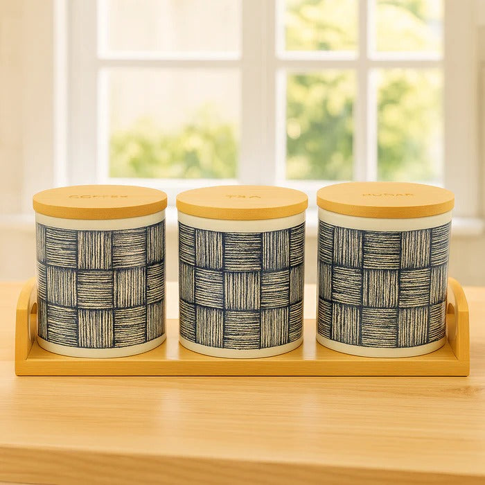 Premium 3-Piece Ceramic Jar Set with Bamboo Tray & Lids MJ