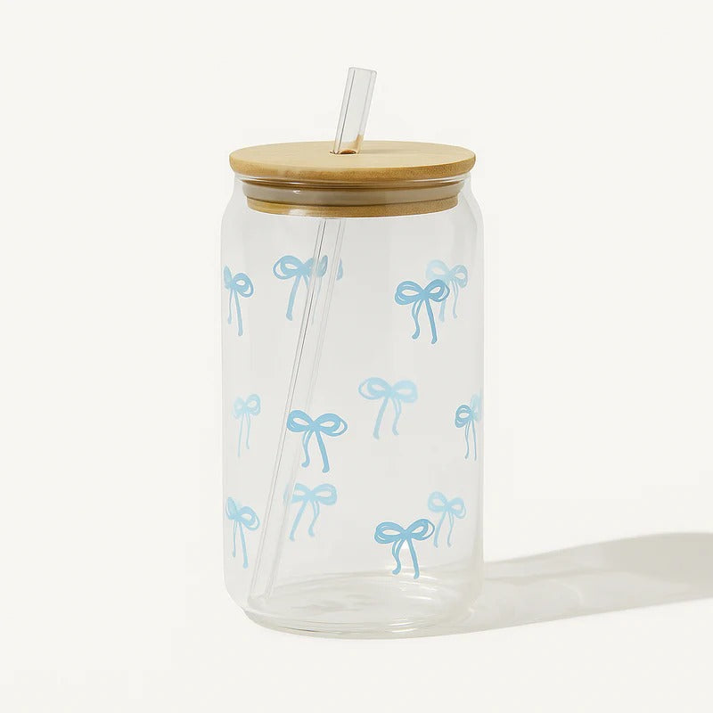 Bow Style Mason Jar – Aesthetic Glass Tumbler with Bamboo Lid