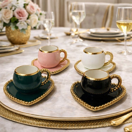 Luxury Gold Rim Ceramic Coffee Cup - Premium Saucer Set (each / random color) - Trenducts.pk