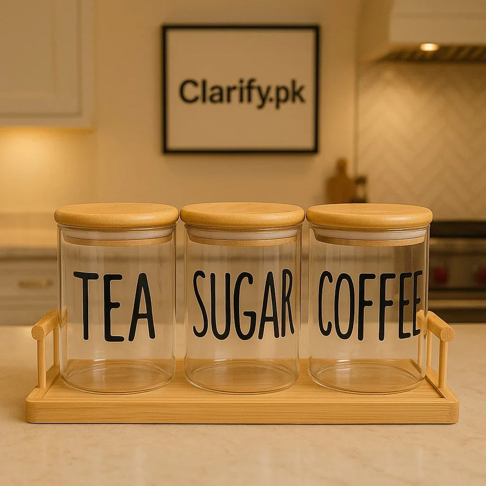 Kitchen Glass Jar Set with Wooden Tray – 3 Pcs - Clarify.pk