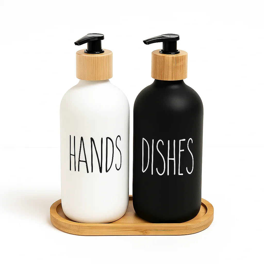 Modern Hand & Dish Soap Dispenser Set with Wooden Base - Clarify.pk