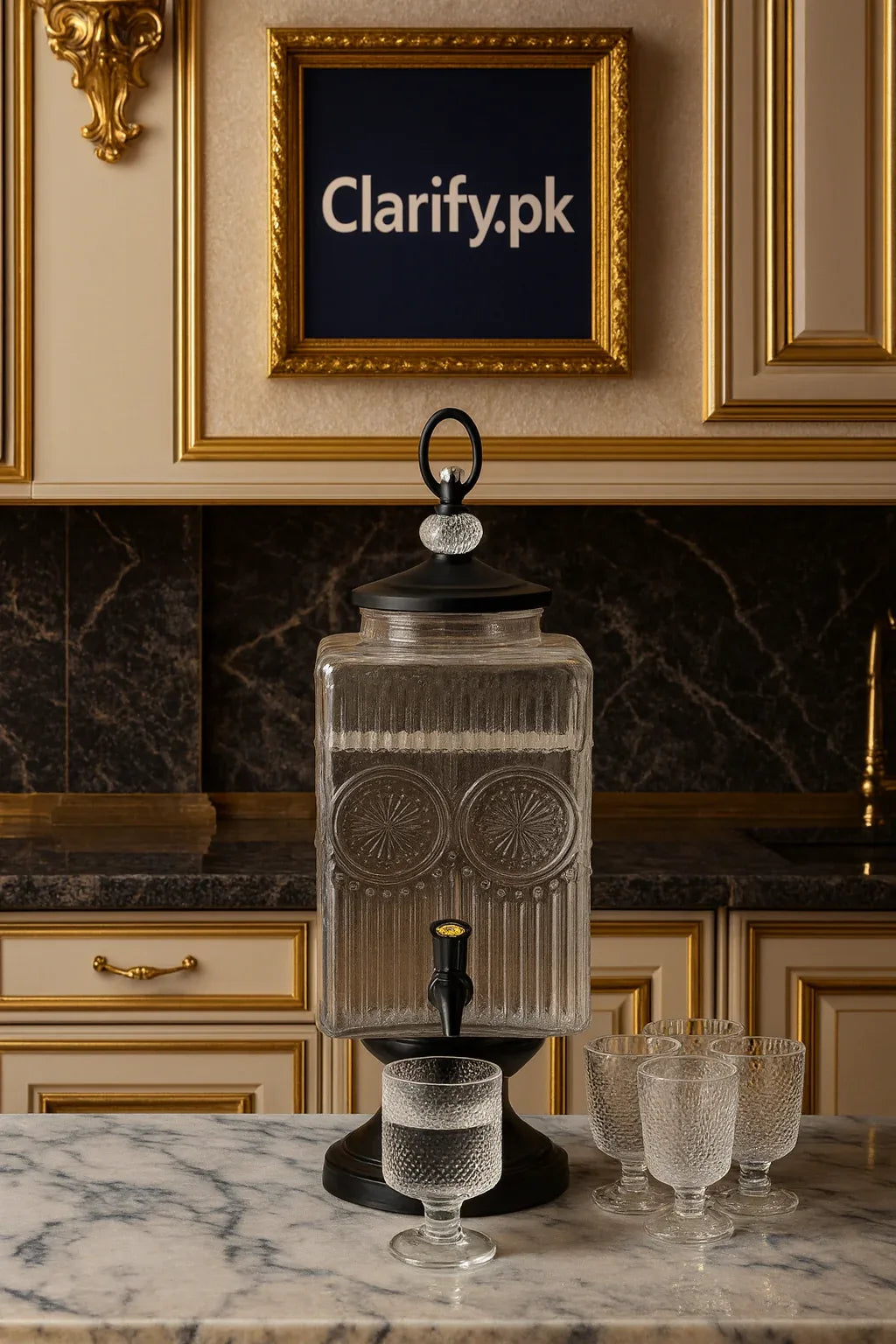 Luxury Crystal Design Beverage Dispenser Set – 3L with 6 Glasses - Clarify.pk