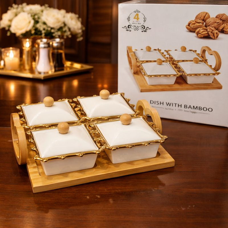 4-Compartment Square Gold-Trimmed Serving Dish – Aesthetic Ceramic Trays - Trenducts.pk