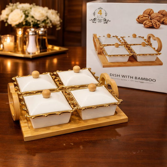 4-Compartment Square Gold-Trimmed Serving Dish – Aesthetic Ceramic Trays - Trenducts.pk