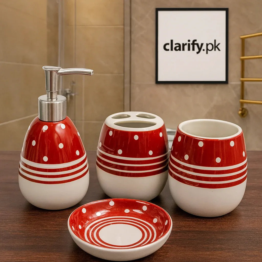 Luxury 4Pcs Red & White Bath Set – Modern Bathroom Décor - Clarify.pk