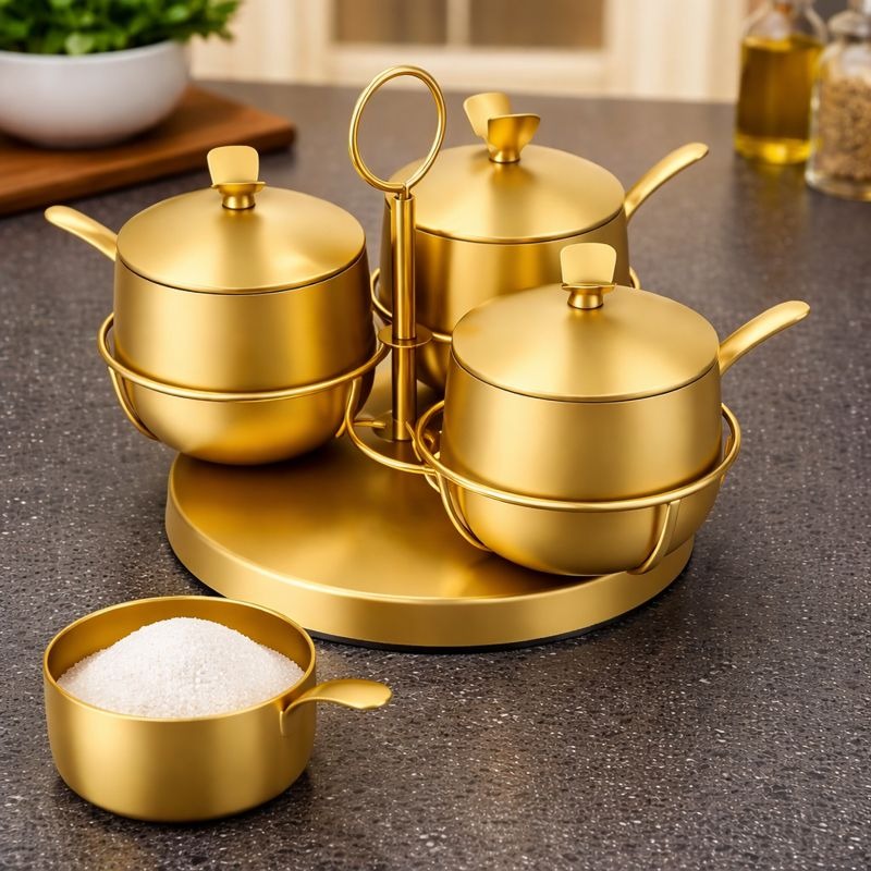 Golden stainless steel 3pcs spice container set with stand for kitchen