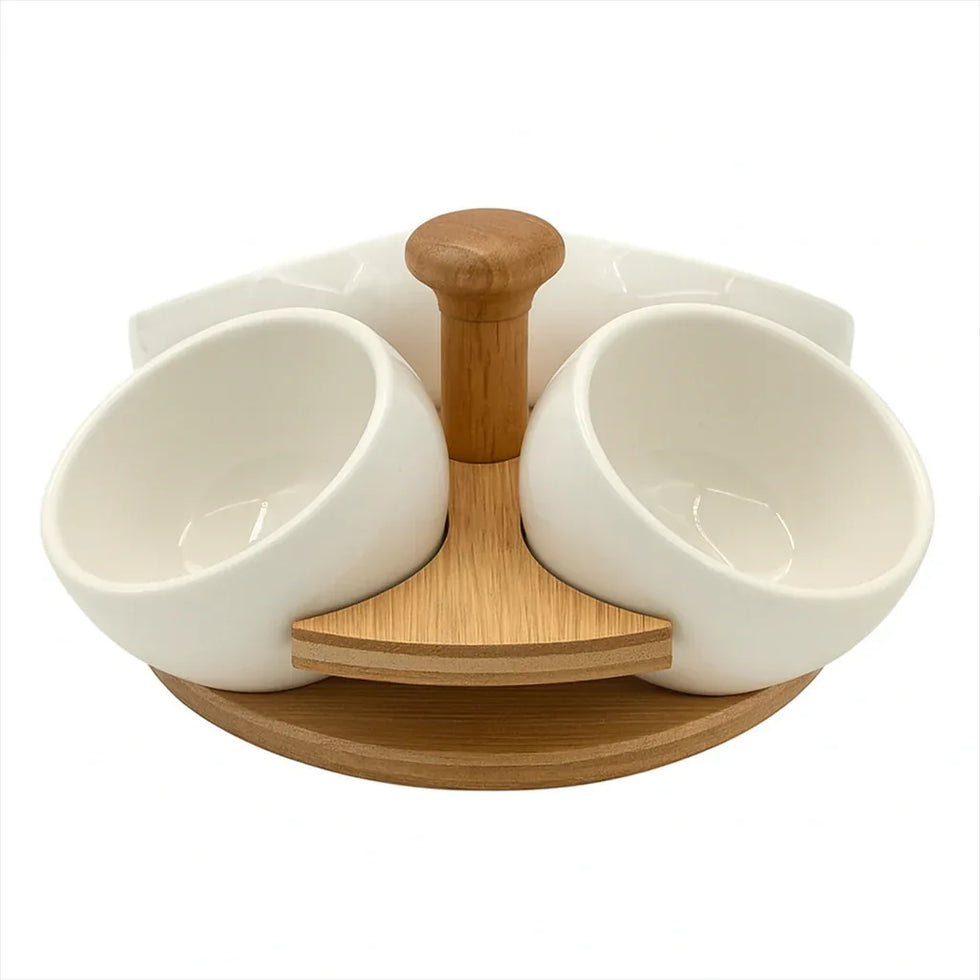 Luxury Ceramic Condiment Bowl Set with Wooden Stand – 4 Pieces - Clarify.pk