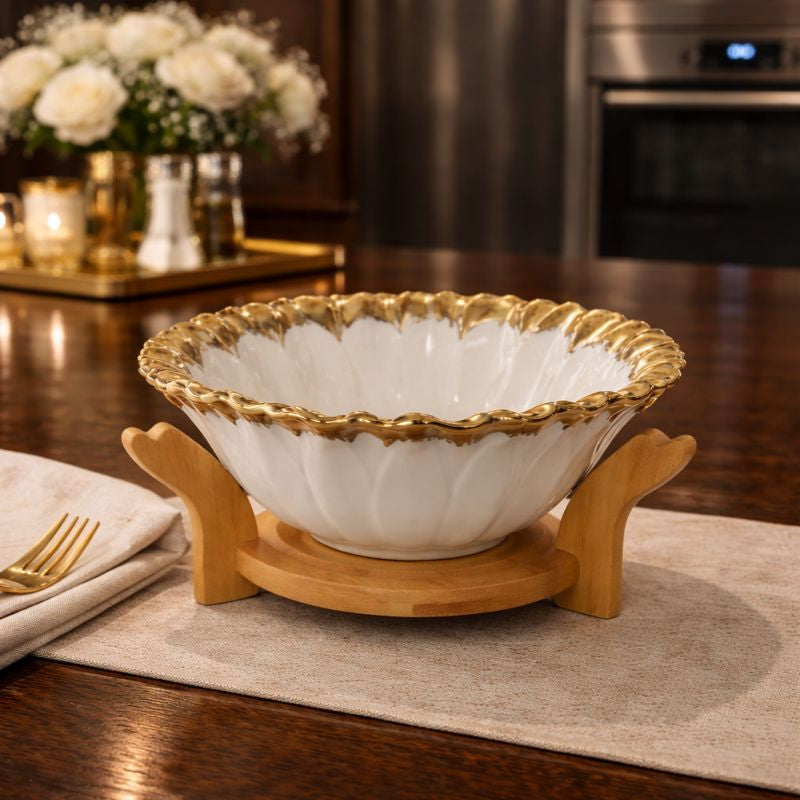 Premium Scalloped Gold-Trimmed Ceramic Fruit Bowl – 8" Aesthetic Centerpiece with Natural Wood Stand - Trenducts.pk