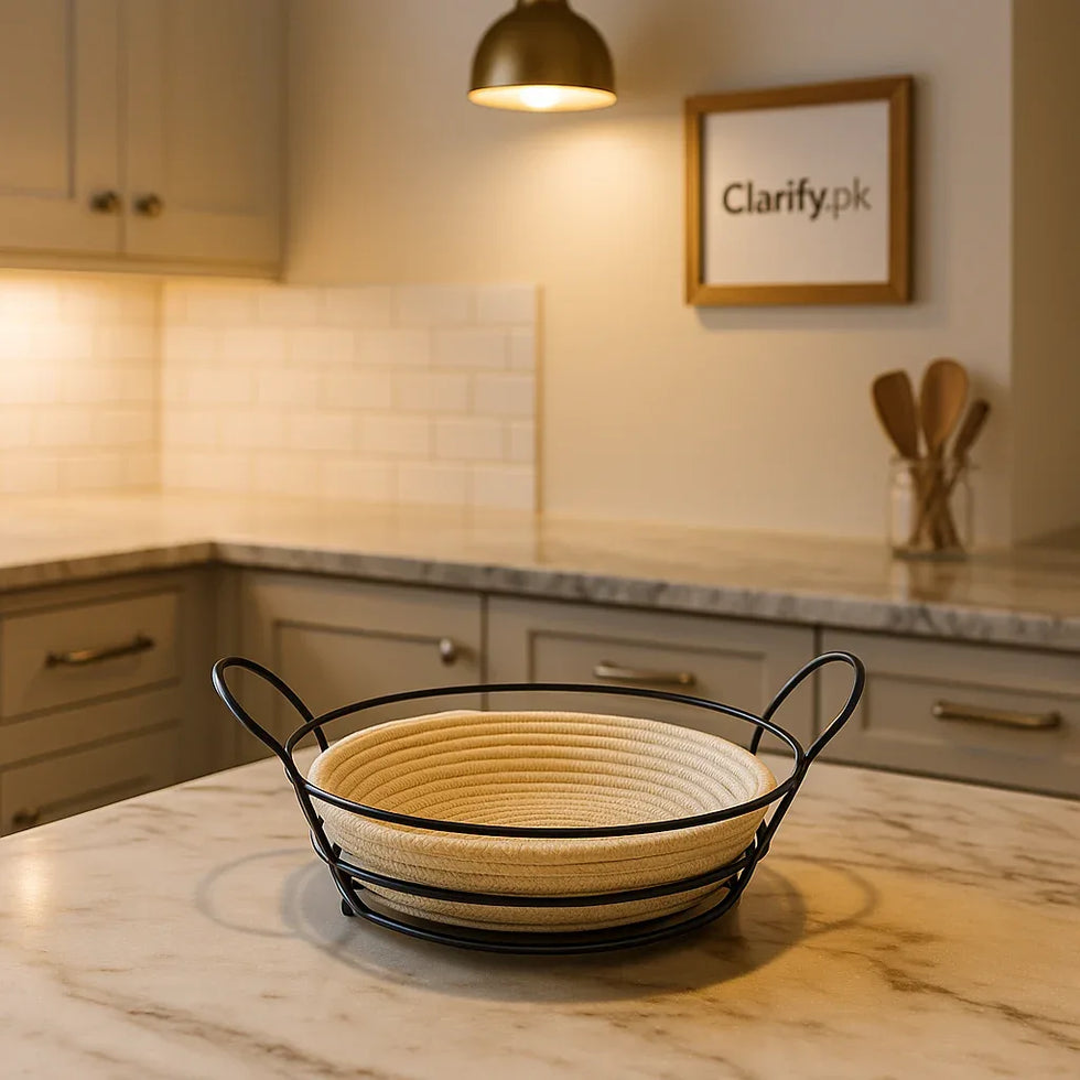 Premium Round Roti Basket – Rope Design with Metal Stand - Clarify.pk