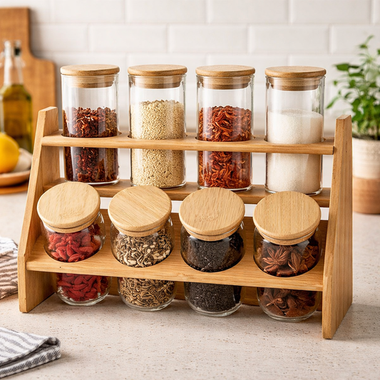 Premium 8pcs Glass Spice Jar Set with Scalloped Bamboo Stand HAT