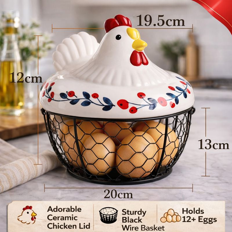 Ceramic Chicken Egg Basket & Wire Mesh Storage NC