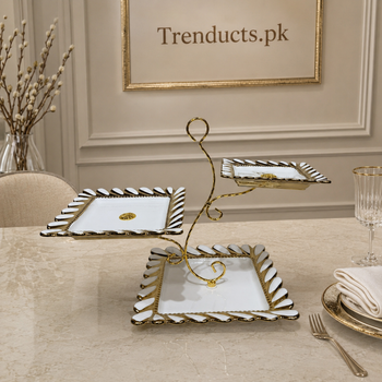 Gold scalloped ceramic 3-tier pastry stand luxury hero