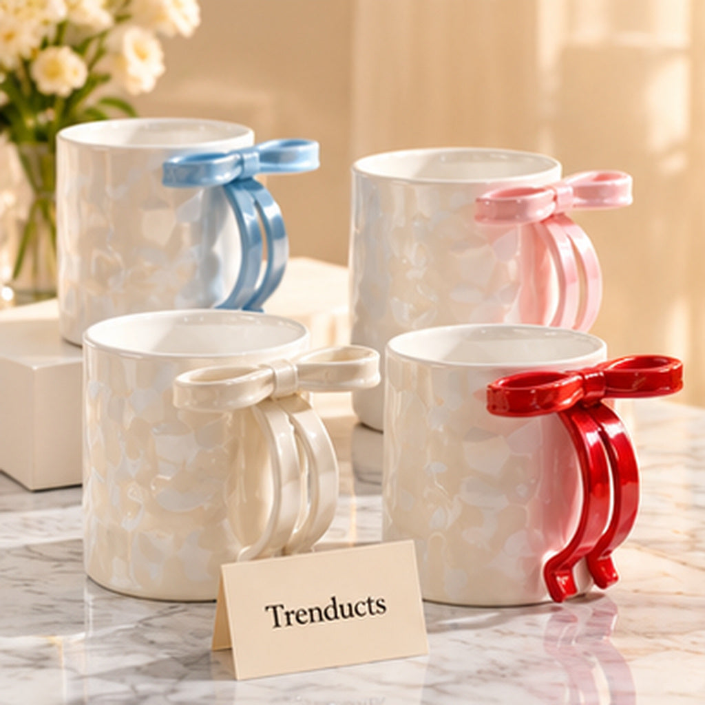 Cute Ceramic Bow Handle Mug - Pearl Glaze