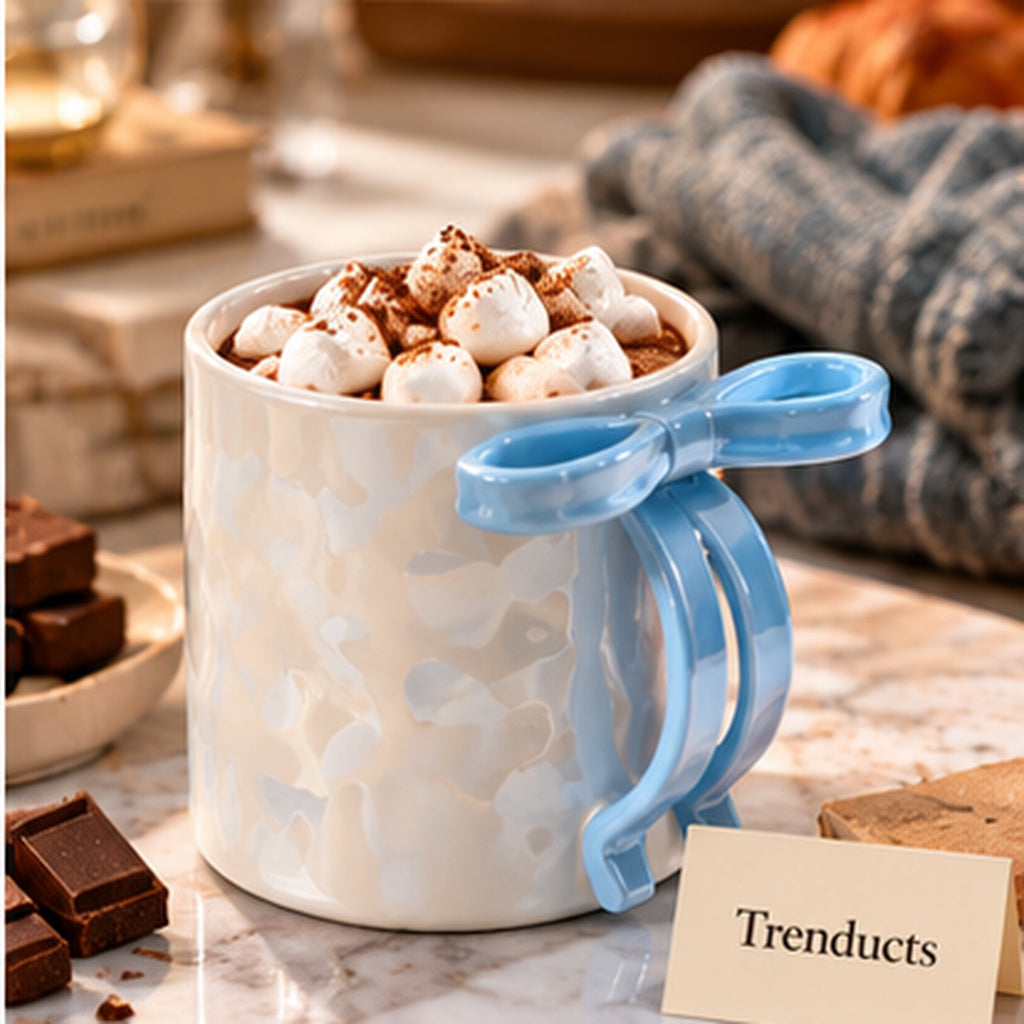 Cute Ceramic Bow Handle Mug - Pearl Glaze