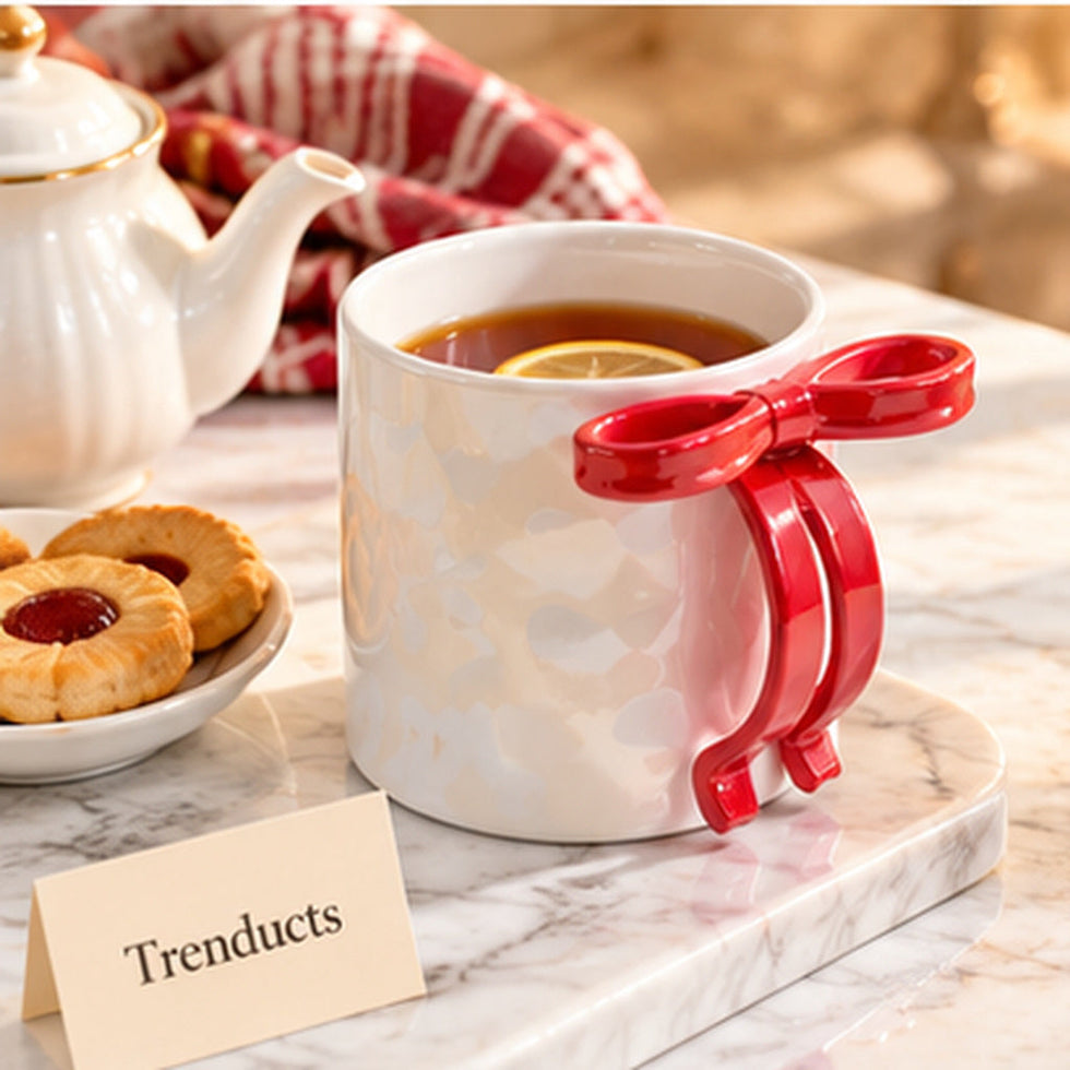 Cute Ceramic Bow Handle Mug - Pearl Glaze
