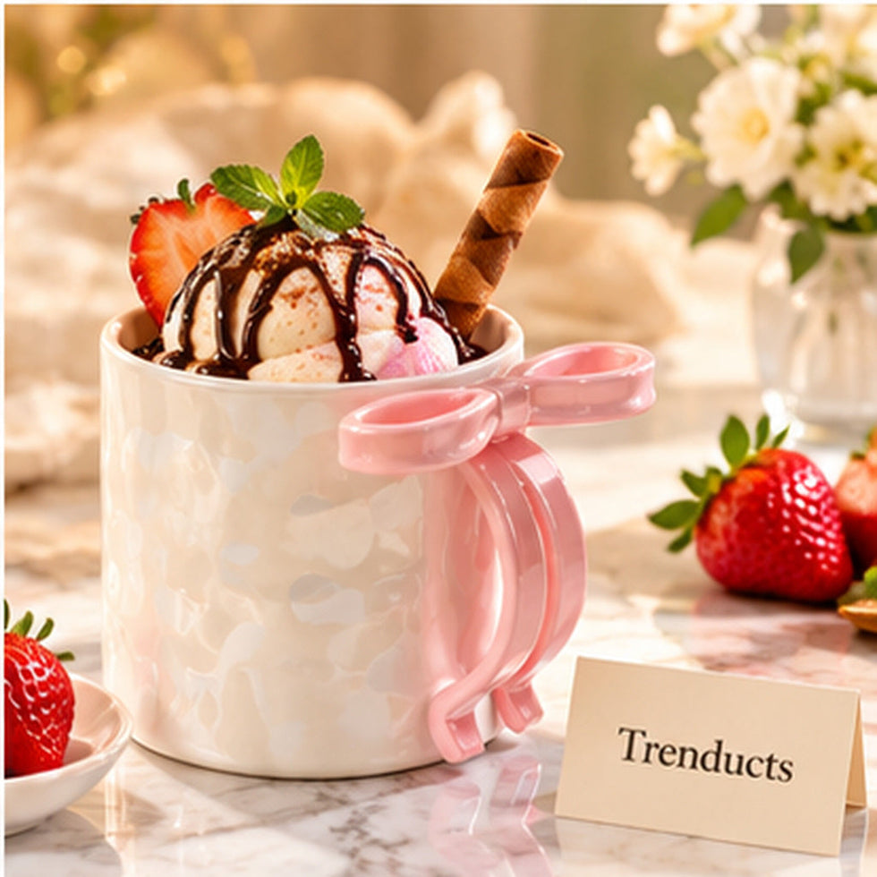 Cute Ceramic Bow Handle Mug - Pearl Glaze