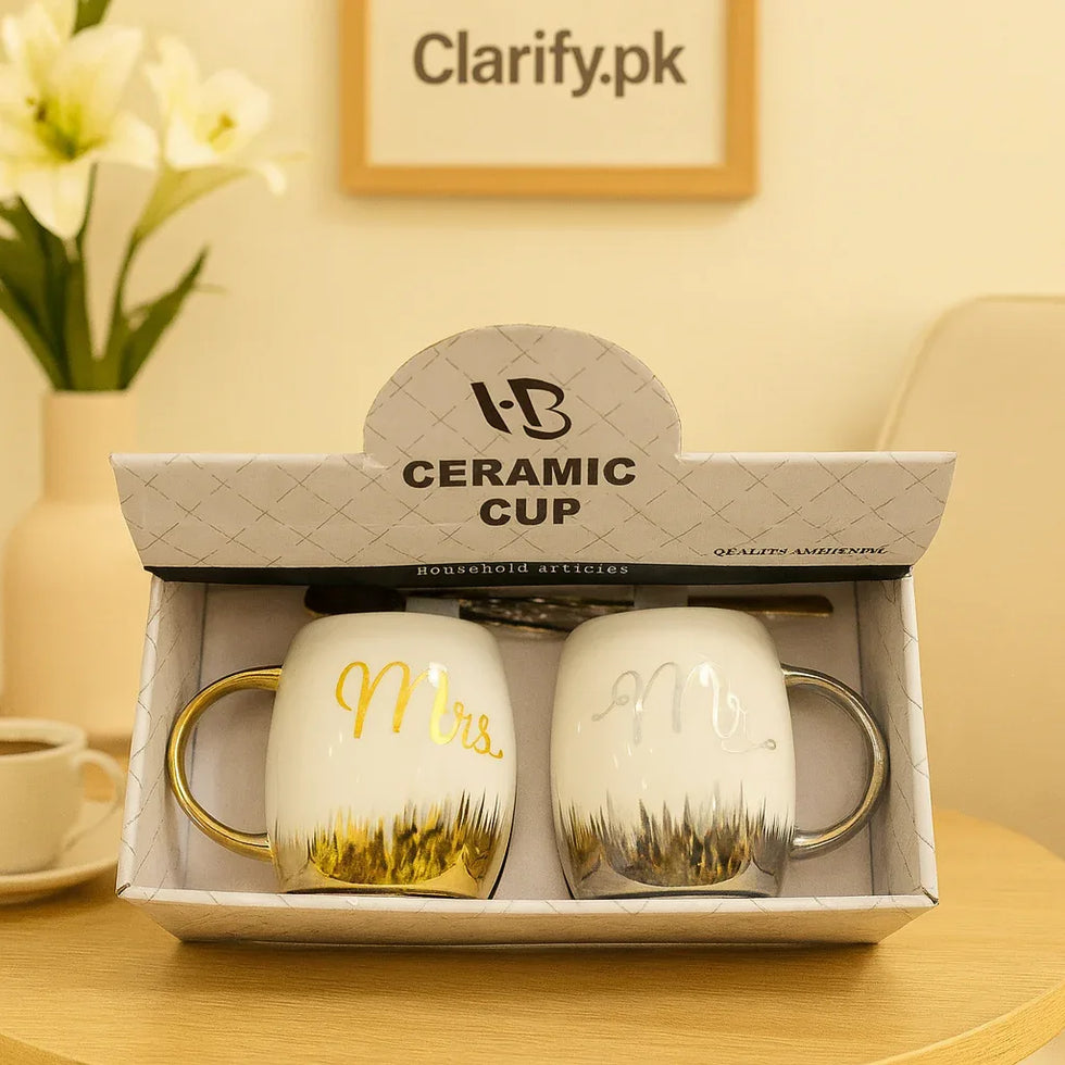 Ceramic Couple Mugs - Mr. & Mrs. Gold Handle - Clarify.pk