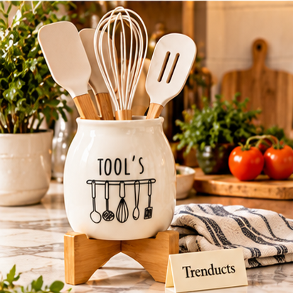 Ceramic Spoon & Cutlery Holder with Wooden Stand