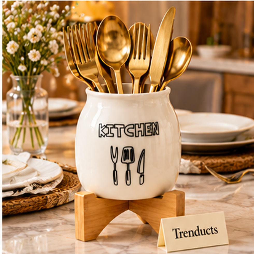 Ceramic Spoon & Cutlery Holder with Wooden Stand
