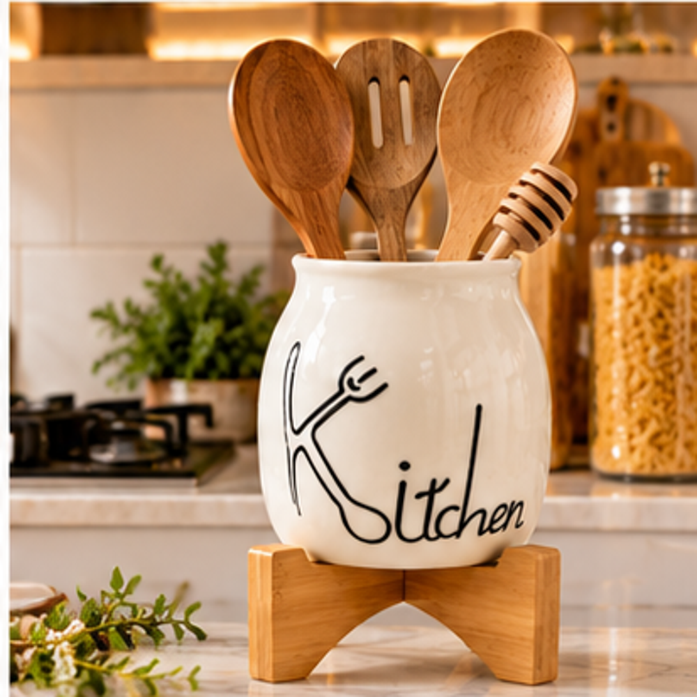 Ceramic Spoon & Cutlery Holder with Wooden Stand