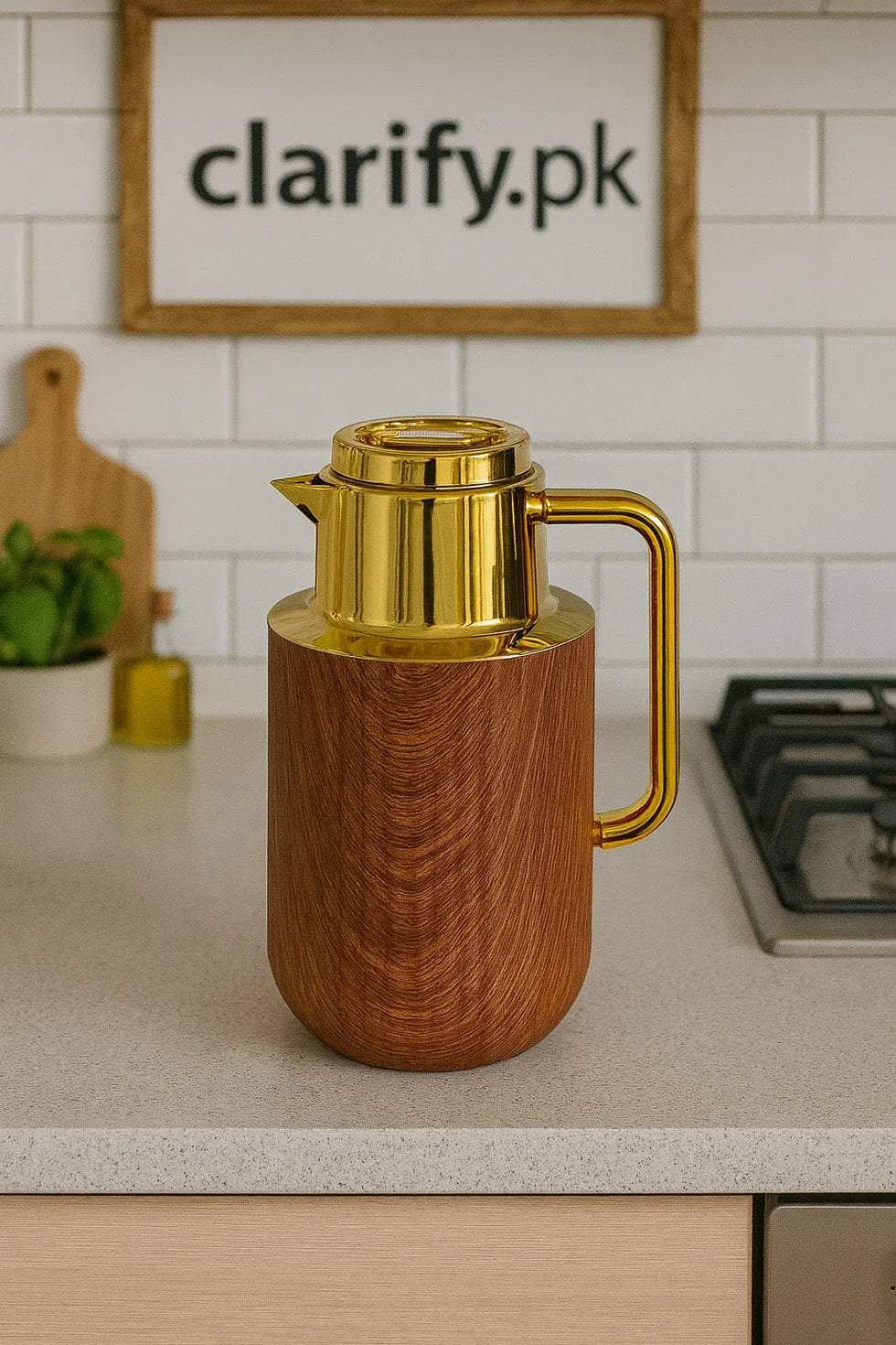Luxury Wooden Finish Thermos Flask with Golden Lid (1liter) - Clarify.pk