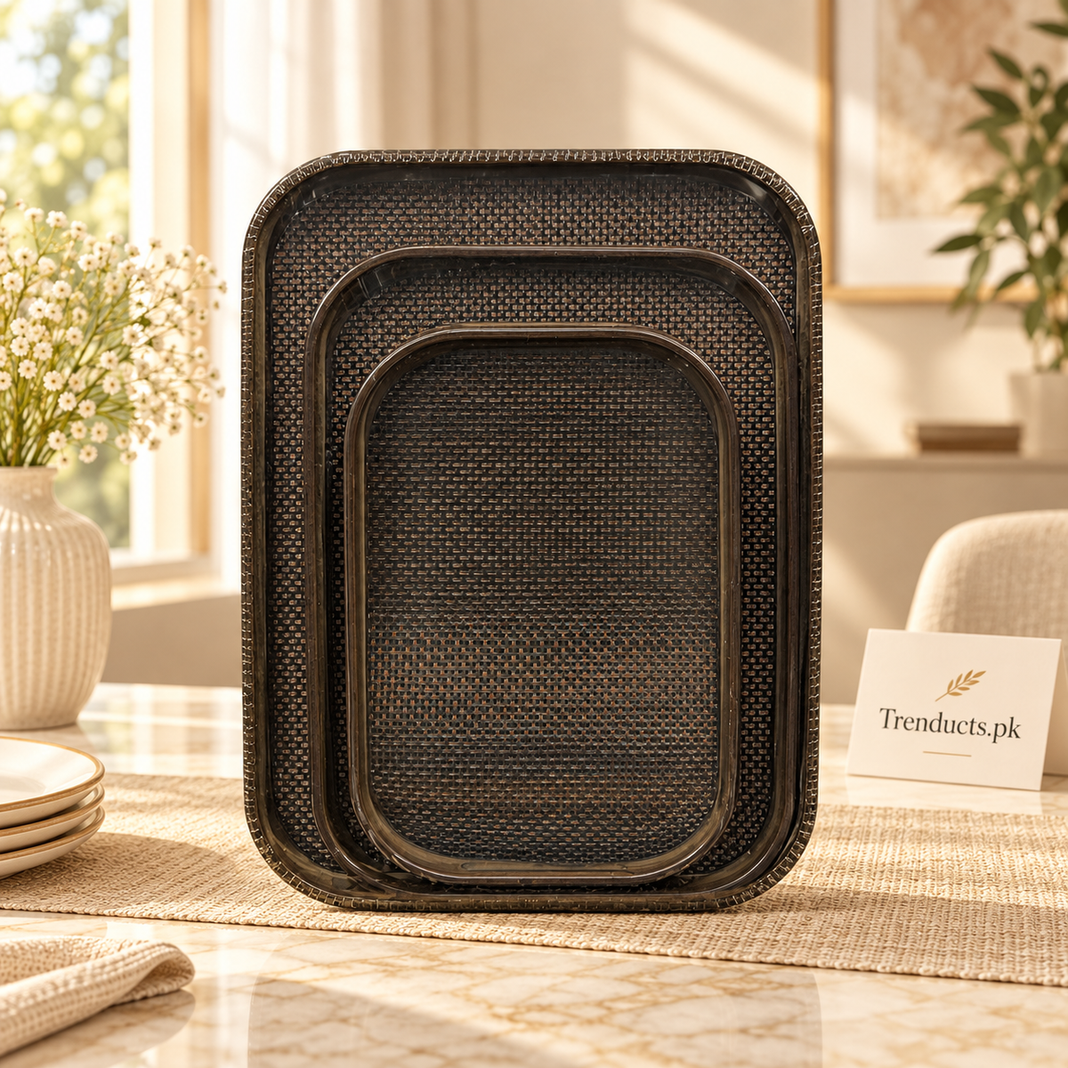 Charcoal Fine-Weave 3-Piece Serving Tray Set