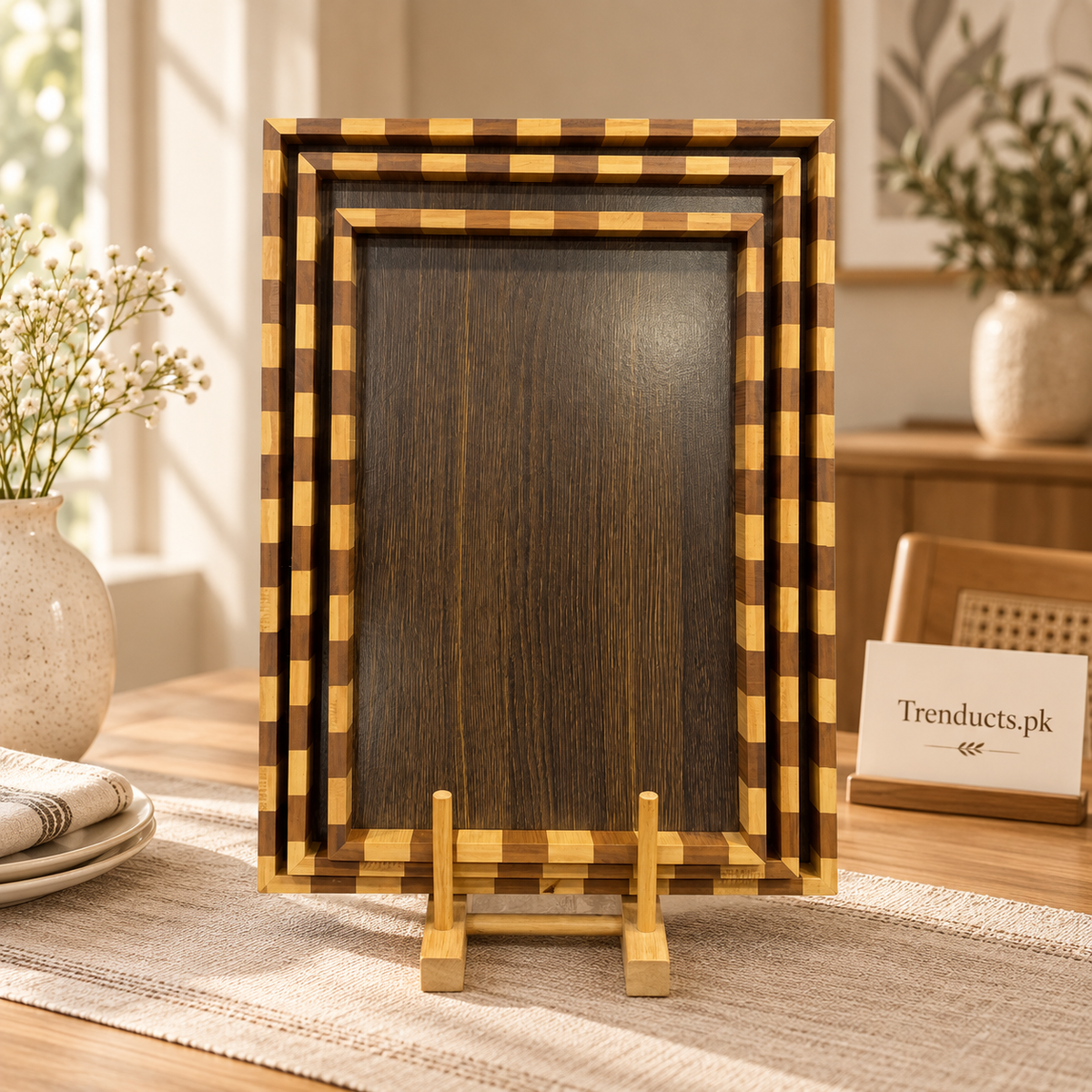 Dual-Tone Checker Border 3-Piece Serving Tray Set