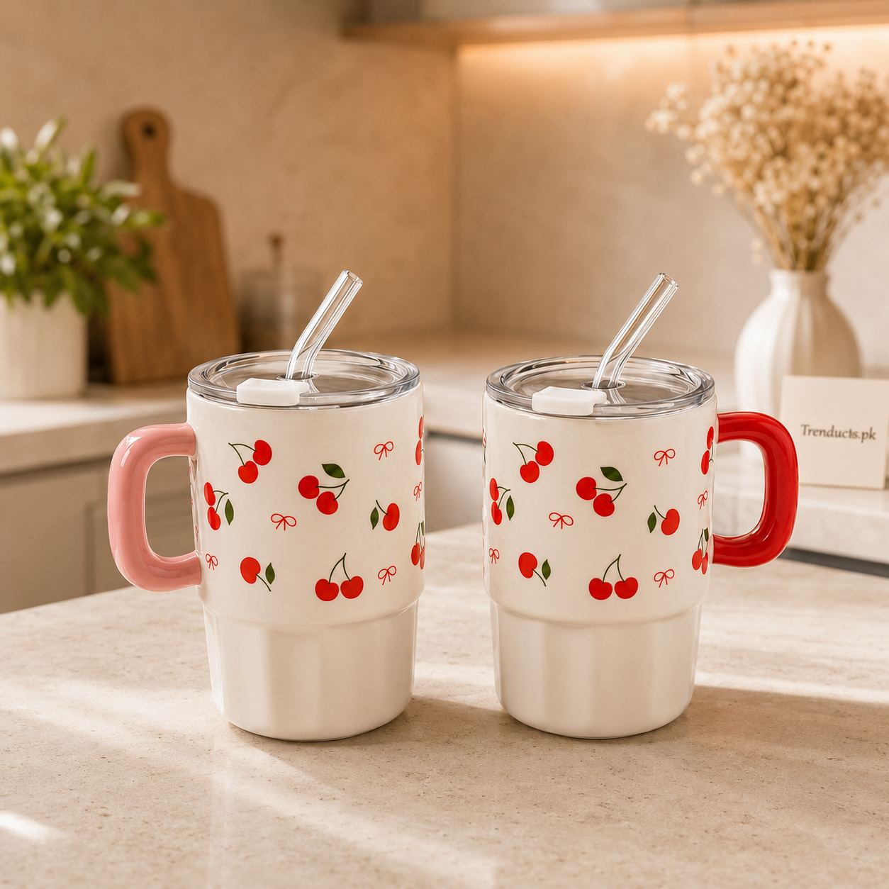 Cherry Ceramic Mug with Lid & Straw (each)