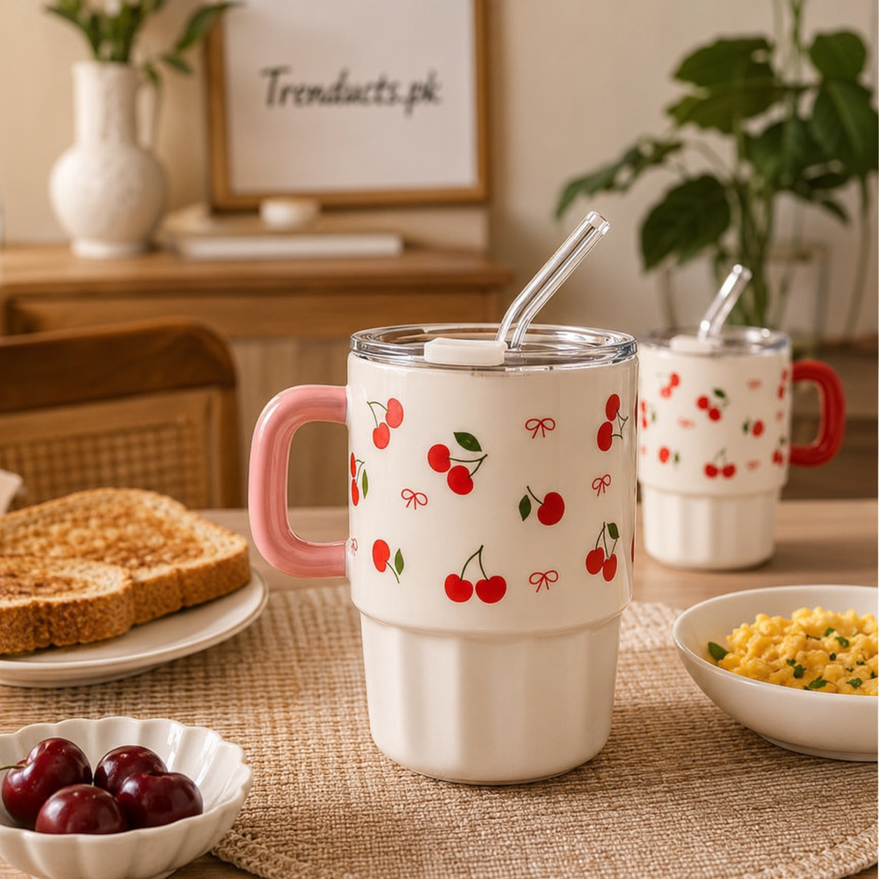Cherry Ceramic Mug with Lid & Straw (each)