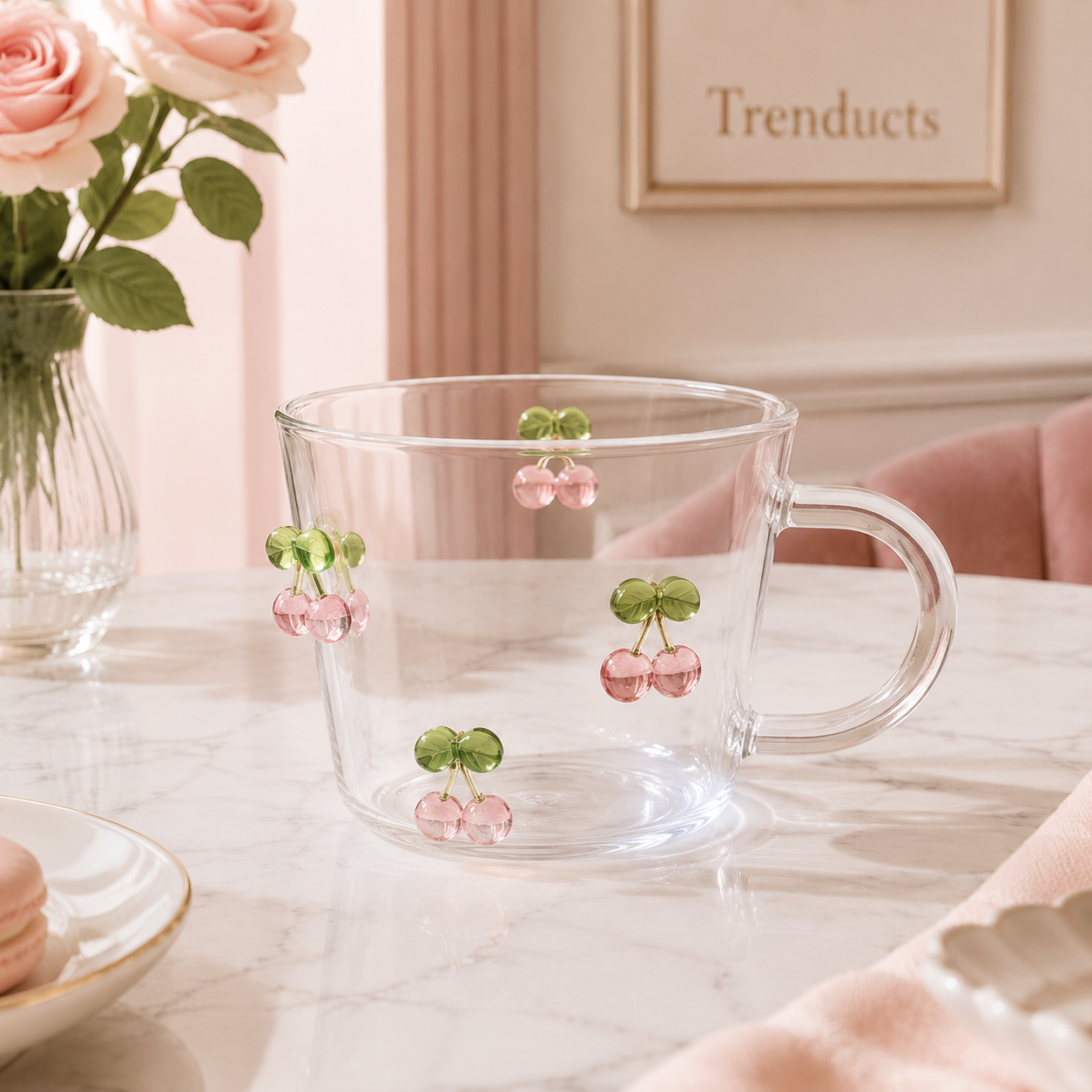 Cherry Charm Glass Cup with Handle