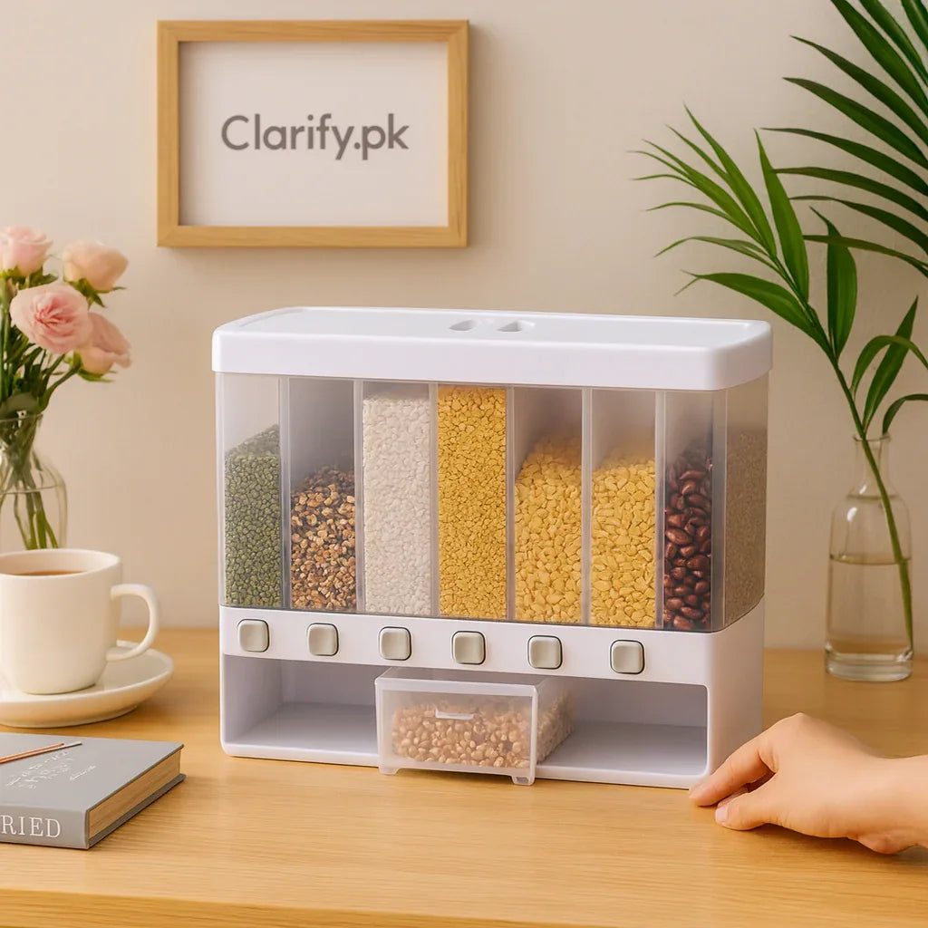 6 in 1 Rice Dispenser with Multi-Compartment Storage - Clarify.pk