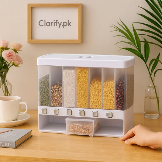 6 in 1 Rice Dispenser with Multi-Compartment Storage - Clarify.pk