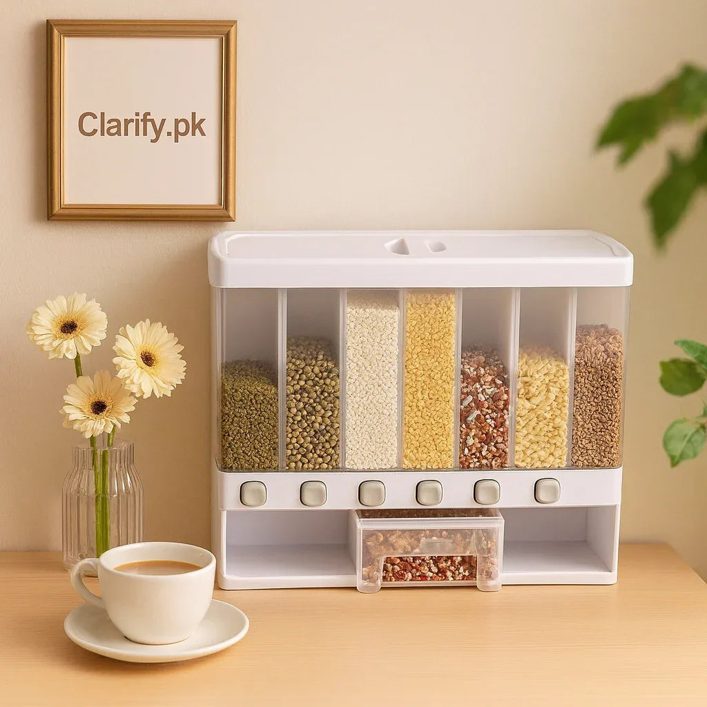 6 in 1 Rice Dispenser with Multi-Compartment Storage - Clarify.pk