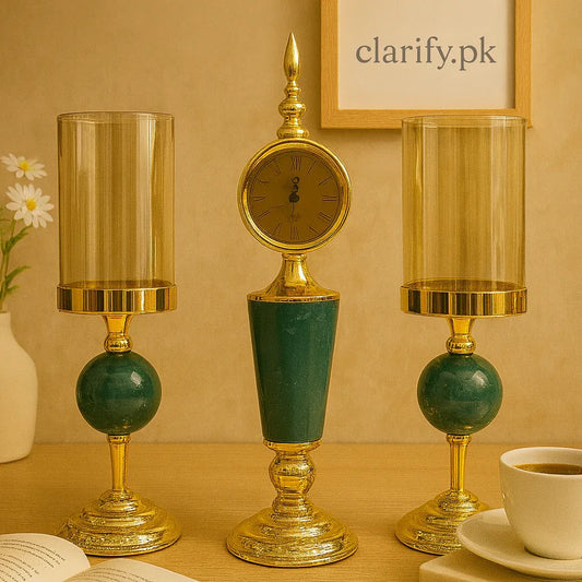 Luxury Table Clock & Candle Holder Set – Green & Gold Decorative 3 pieces - Clarify.pk