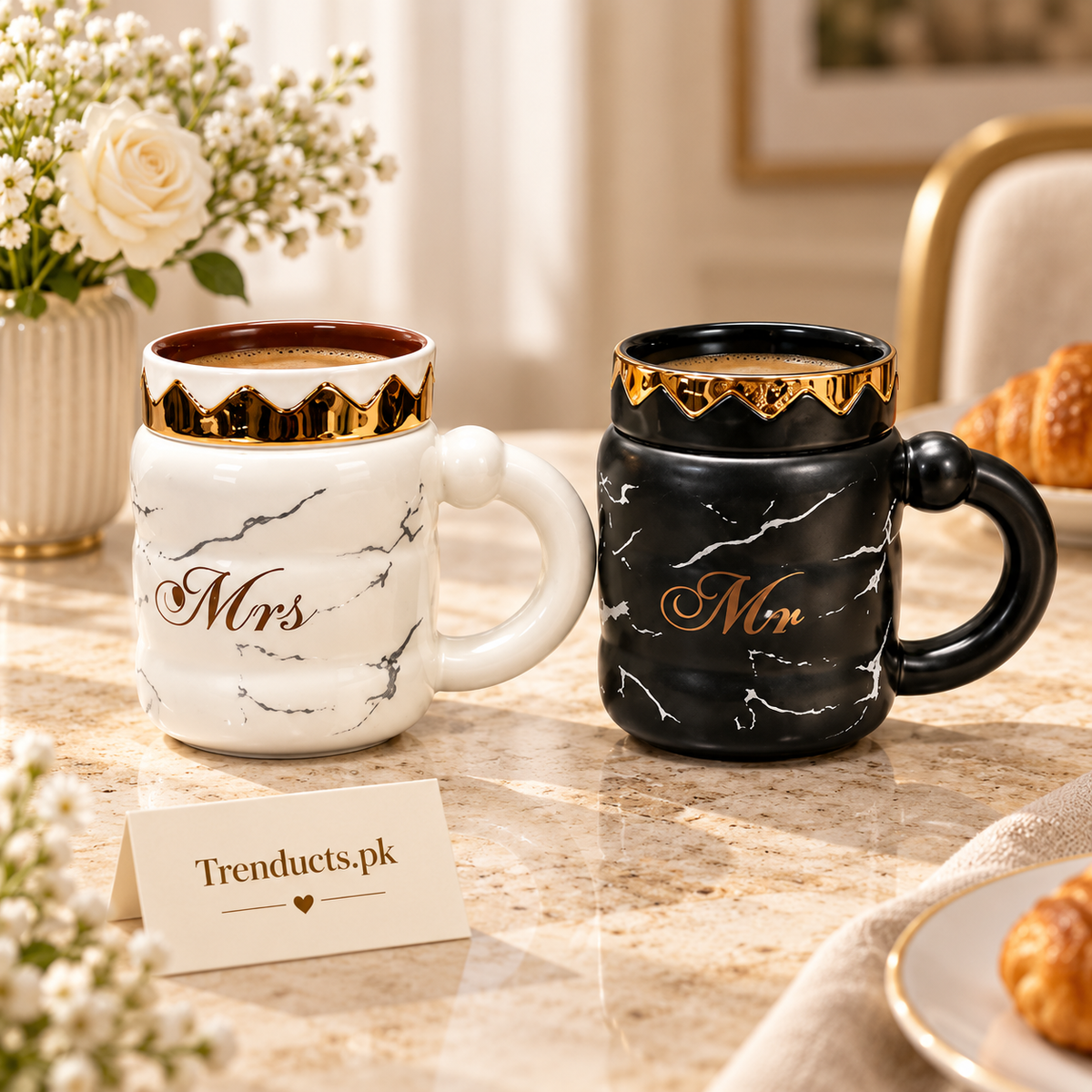 Classic Black & White King Queen Ceramic Mug Set