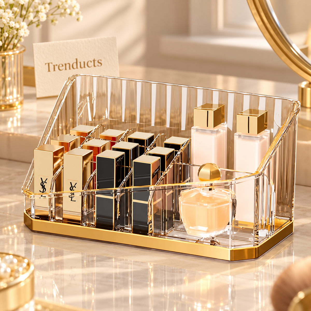 Clear Gold-Trim Lipstick & Cosmetic Organizer