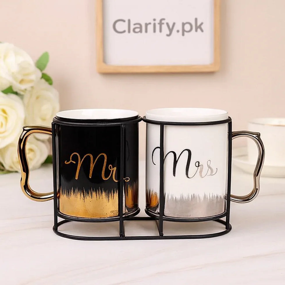 Couple Coffee Mugs with Stand - Mr & Mrs Set - Clarify.pk