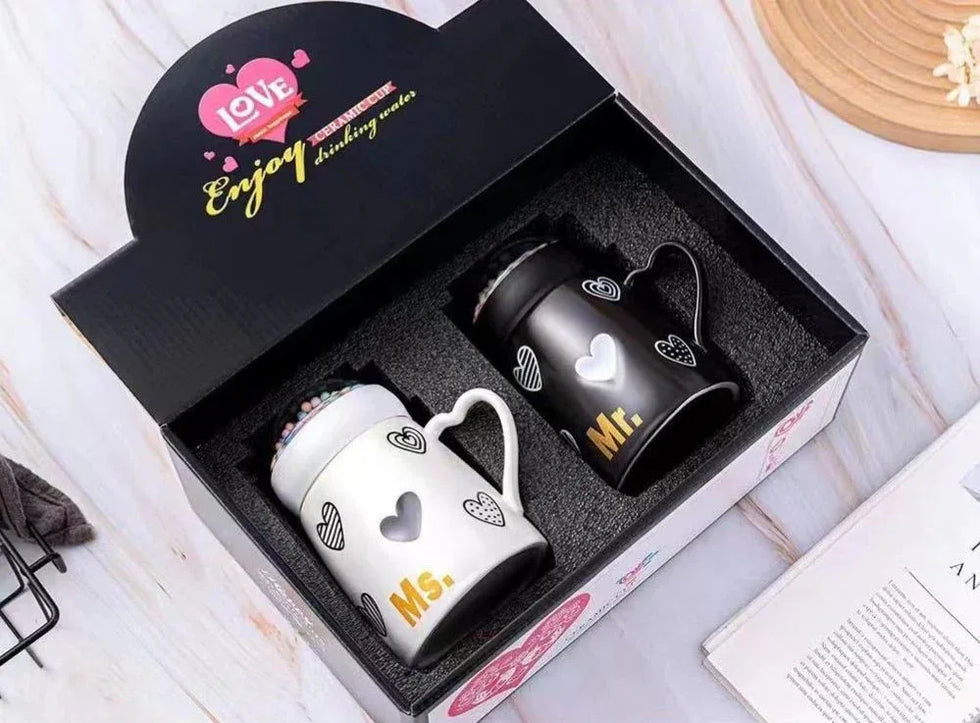 Couple Mugs Gift Set Mr & Ms Hearts Design - Clarify.pk