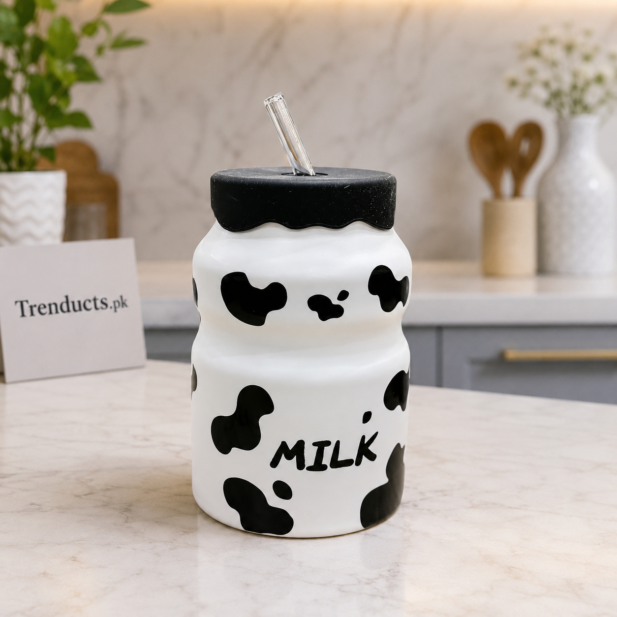 Cow Print Ceramic Milk Mug with Lid & Straw