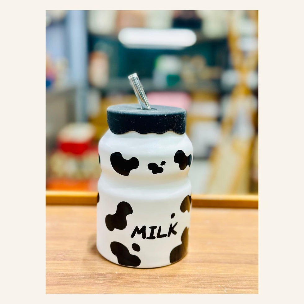 Cow Print Ceramic Milk Mug with Lid & Straw