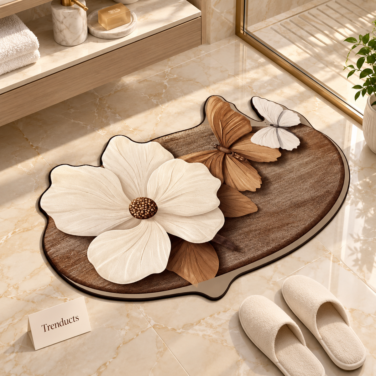 Cream Flower & Butterfly Washroom Mat