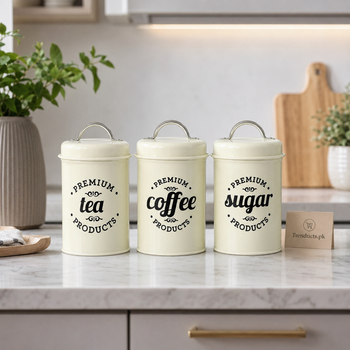 Cream tea coffee and sugar metal jar set on kitchen counter