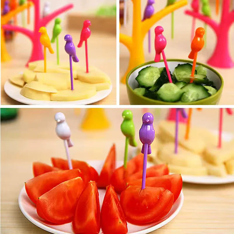 6 pieces Creative Fruit Forks Set with Colorful Bird Stand