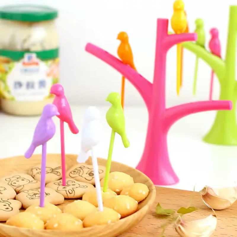 6 pieces Creative Fruit Forks Set with Colorful Bird Stand